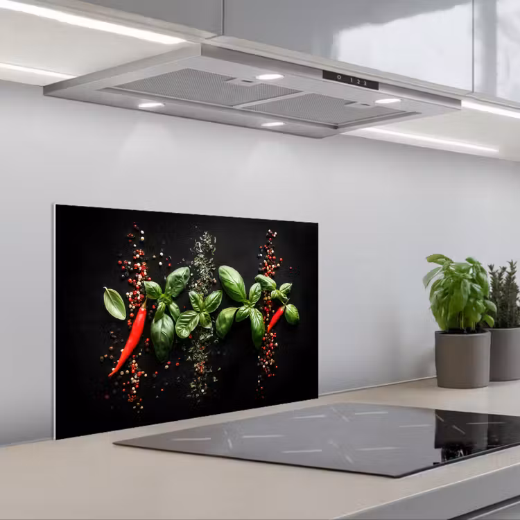 Spatscherm keuken - Chilipepers - Basilicum - Blaadjes - Rood — 1