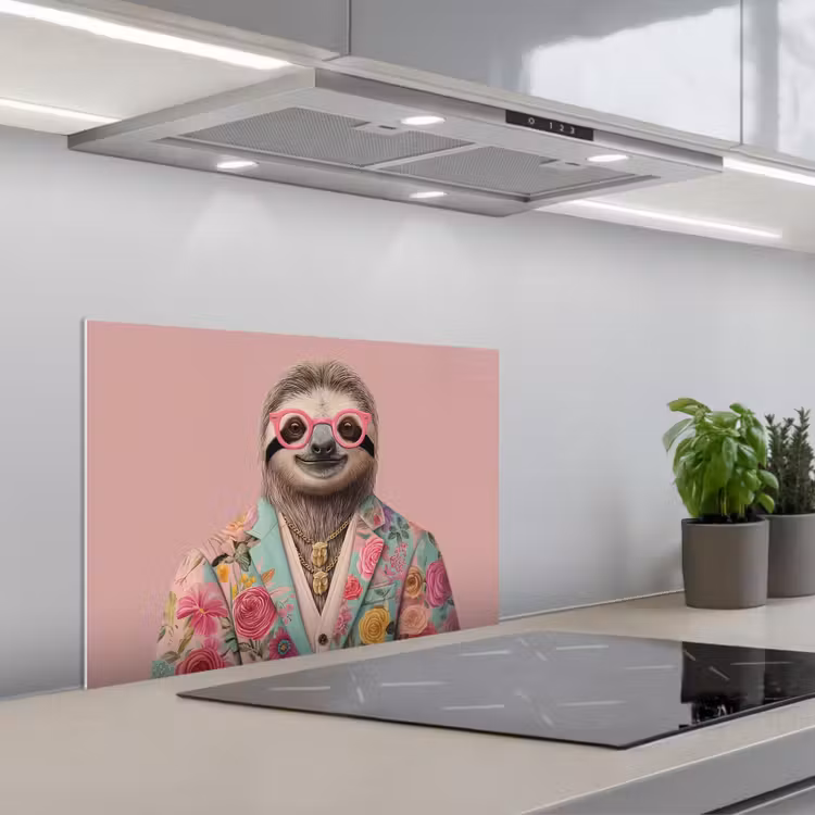 Spatscherm keuken - Luiaard - Bloemenprint - Bril - Roze — 1