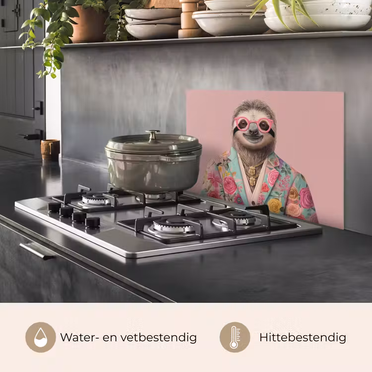Spatscherm keuken - Luiaard - Bloemenprint - Bril - Roze — 2