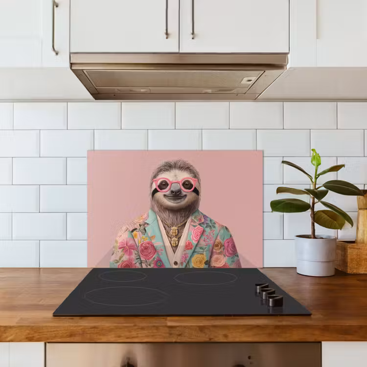 Spatscherm keuken - Luiaard - Bloemenprint - Bril - Roze — 3