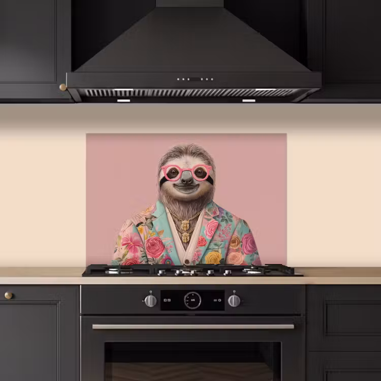 Spatscherm keuken - Luiaard - Bloemenprint - Bril - Roze — 5