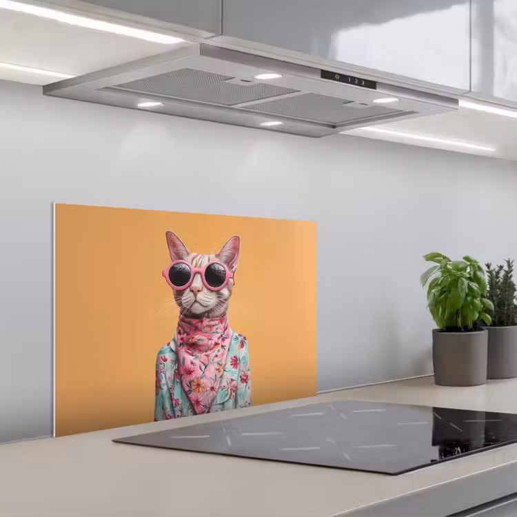 Spatscherm keuken - Zonnebril - Kat - Sjaal - Bloemen — 1