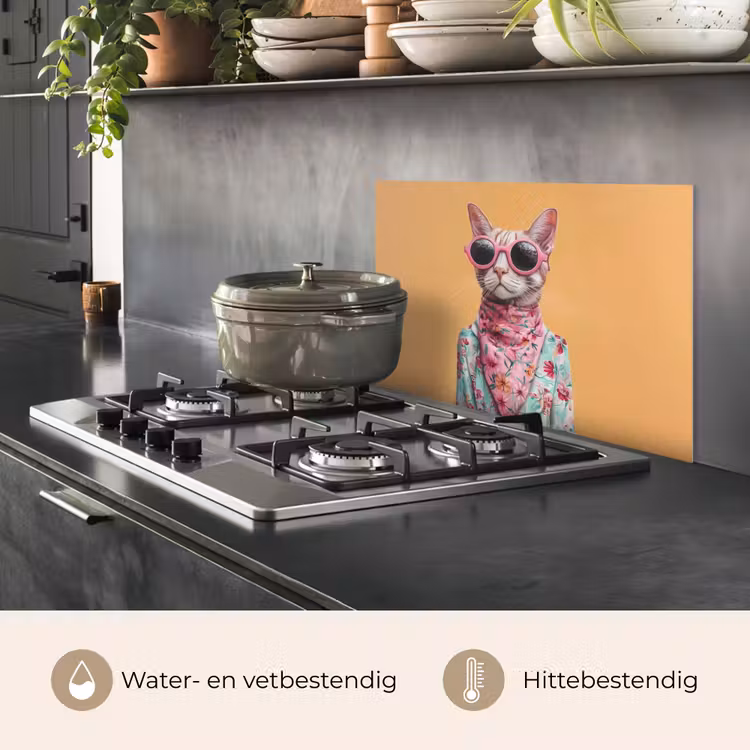 Spatscherm keuken - Zonnebril - Kat - Sjaal - Bloemen — 2