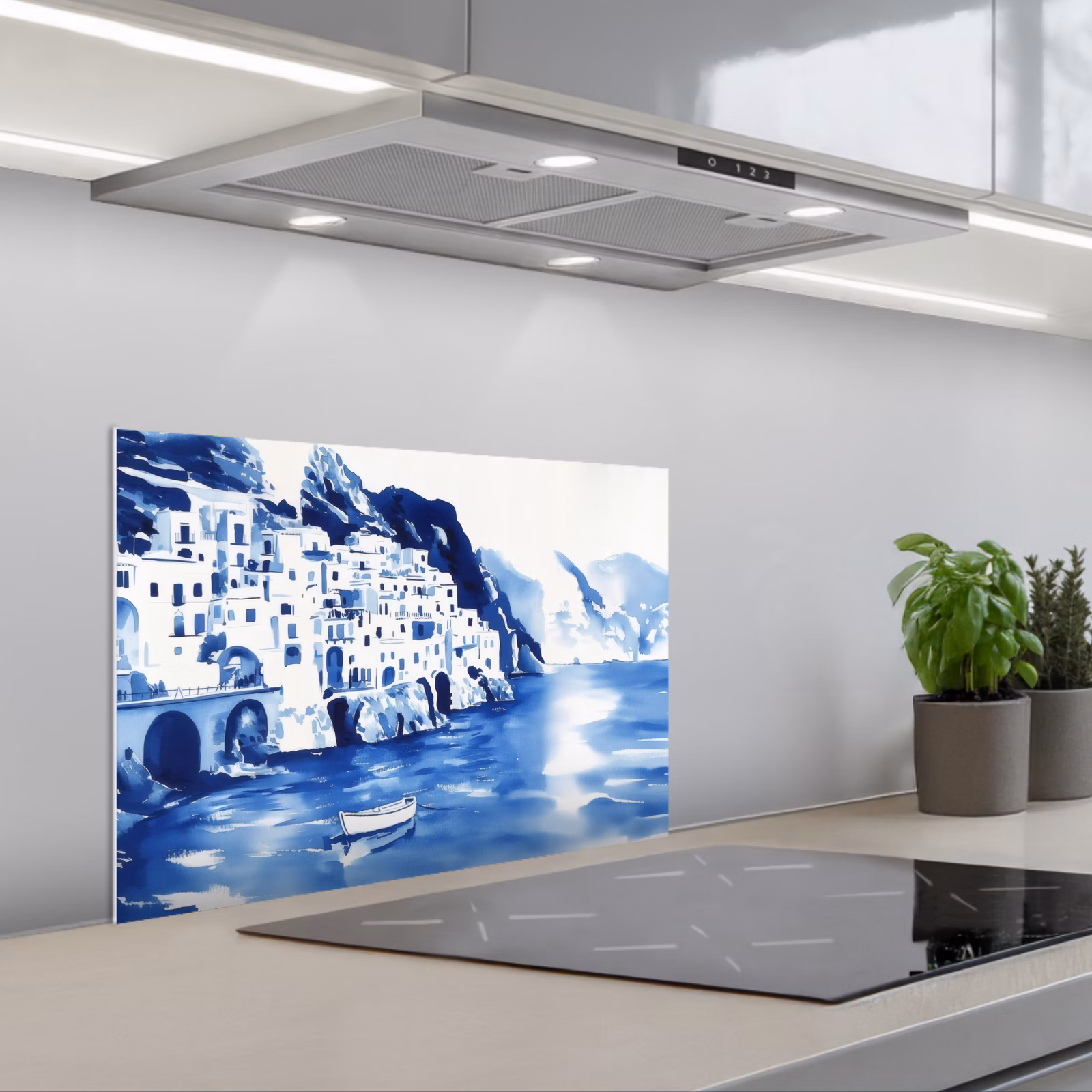 Spatscherm keuken - Dorp - Rotswand - Roeiboot - Water — 1