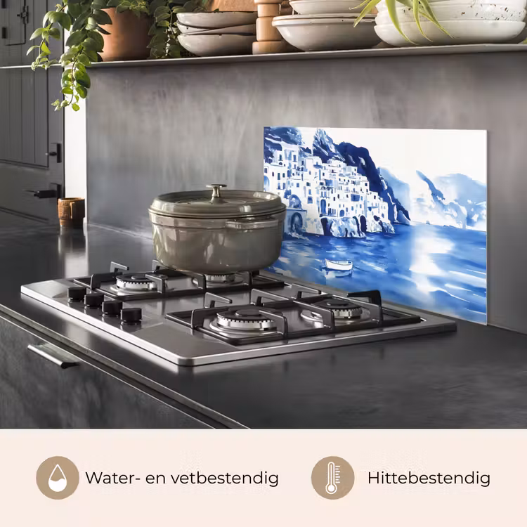 Spatscherm keuken - Dorp - Rotswand - Roeiboot - Water — 2