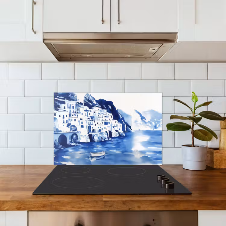 Spatscherm keuken - Dorp - Rotswand - Roeiboot - Water — 3