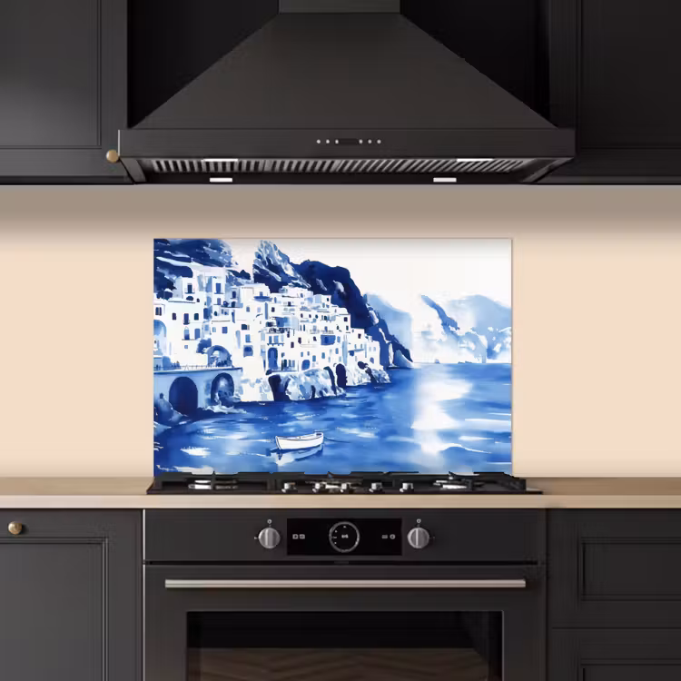 Spatscherm keuken - Dorp - Rotswand - Roeiboot - Water — 5