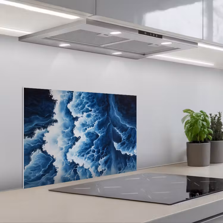 Spatscherm keuken - Golven - Blauw - Schuim — 1