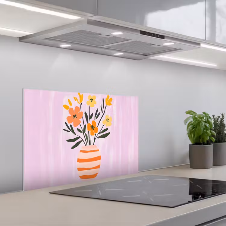 Spatscherm keuken - Vaas - Gestreept - Bloemen - Oranje — 1