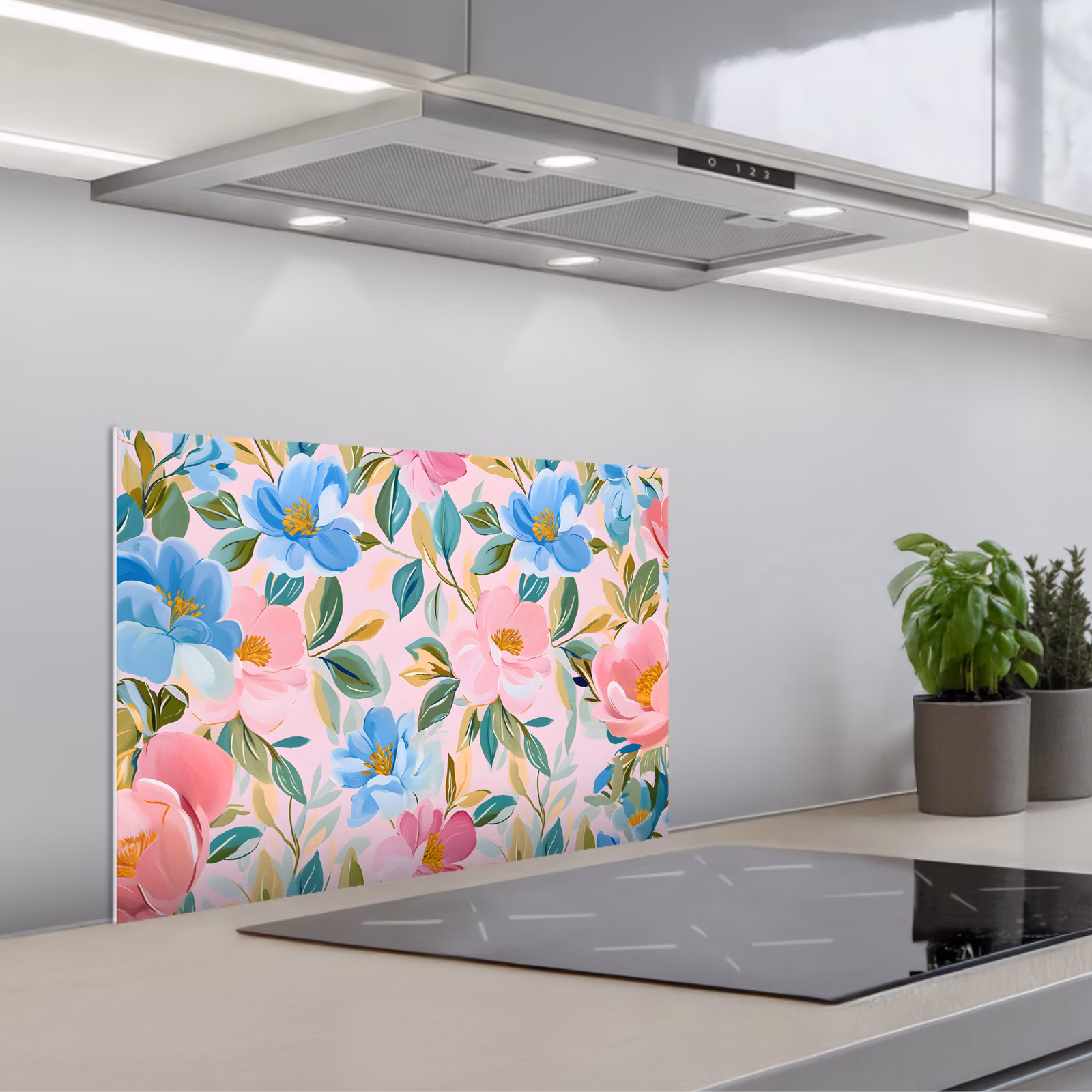 Spatscherm keuken - Blauw - Roze - Bloemen — 1
