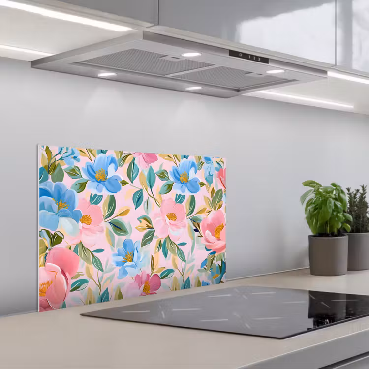 Spatscherm keuken - Blauw - Roze - Bloemen — 1