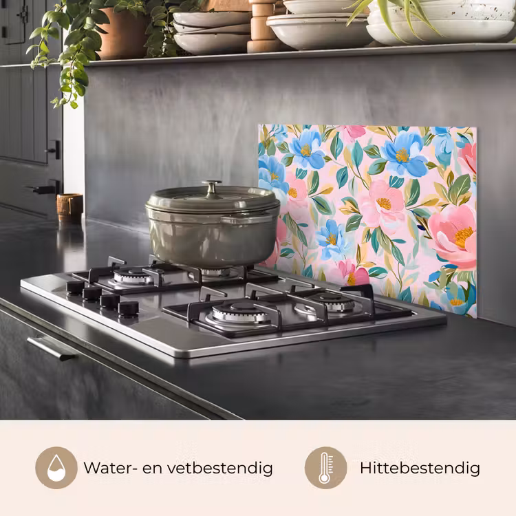 Spatscherm keuken - Blauw - Roze - Bloemen — 2
