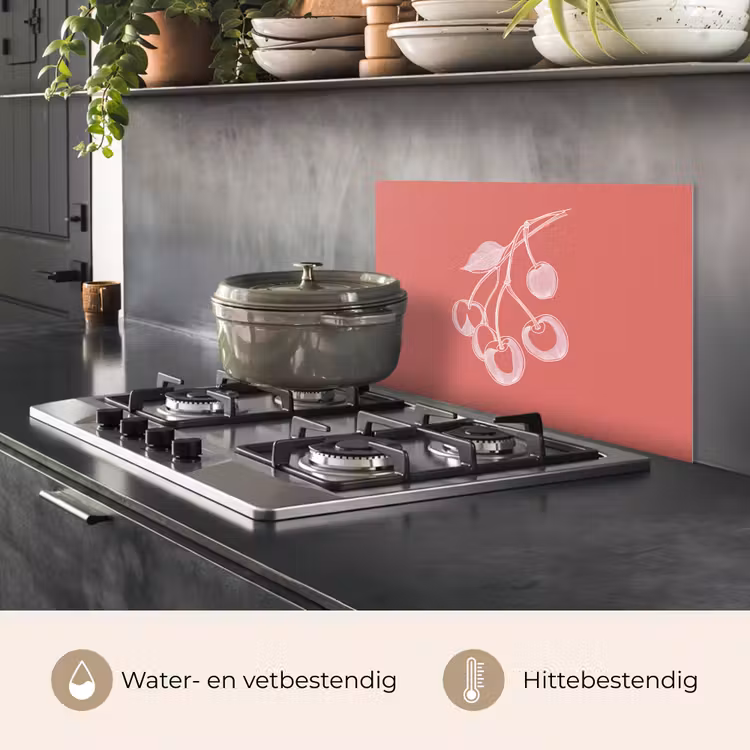 Spatscherm keuken - Lijnillustratie - Kersen - Tak - Wit — 2