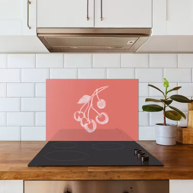 Spatscherm keuken - Lijnillustratie - Kersen - Tak - Wit — 3