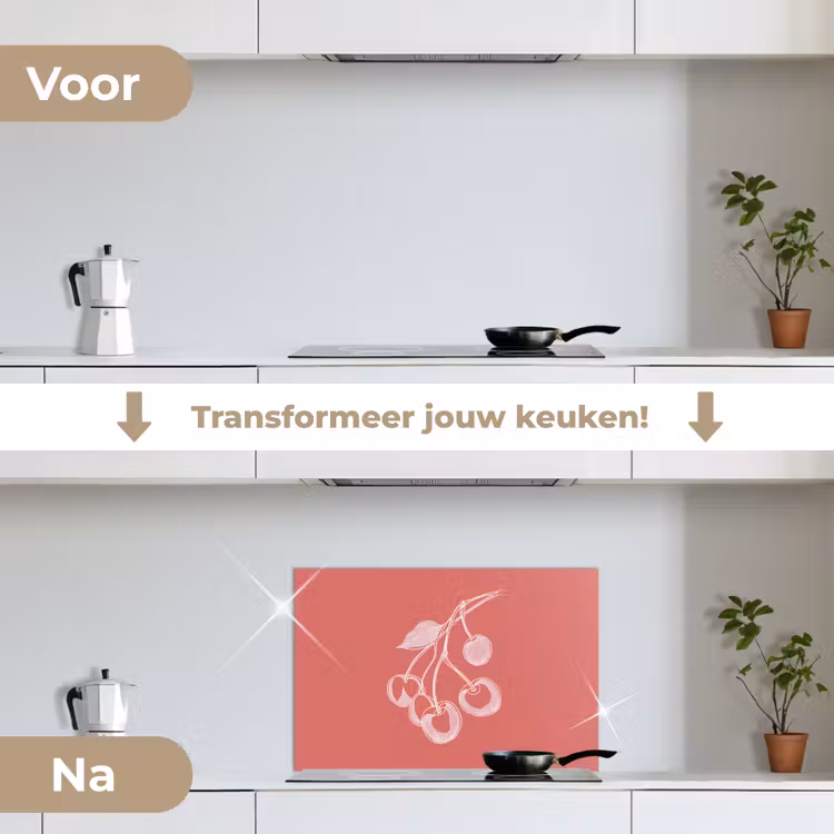 Spatscherm keuken - Lijnillustratie - Kersen - Tak - Wit — 7