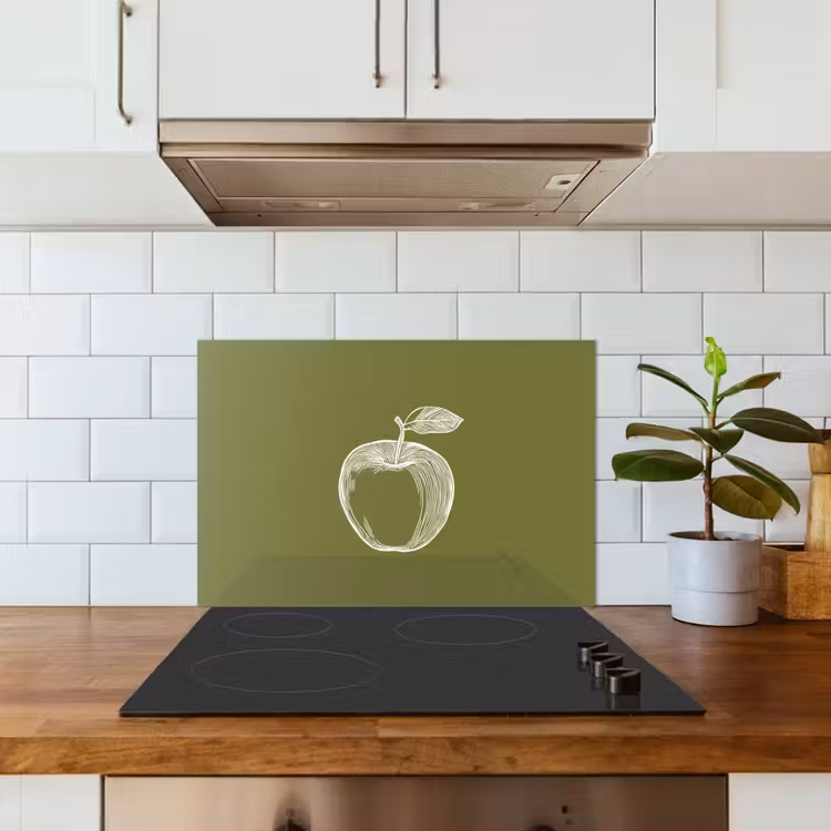 Spatscherm keuken - Lijntekening - Appel - Olijfgroen - Blaadje — 3