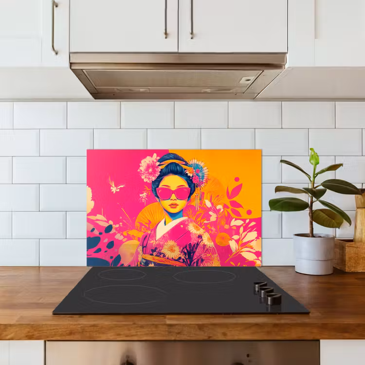 Spatscherm keuken - Vrouw - Zonnebril - Abstract - Oranje — 3