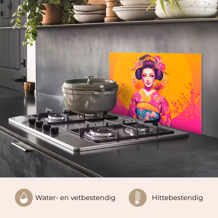 Spatscherm keuken - Bloemen - Vrouw - Kimono - Roze — 2