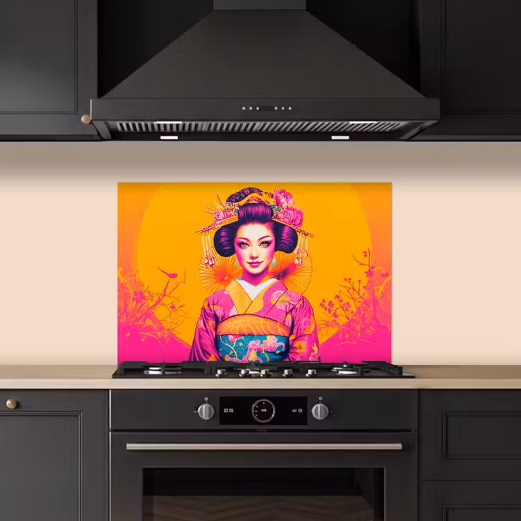 Spatscherm keuken - Bloemen - Vrouw - Kimono - Roze — 5