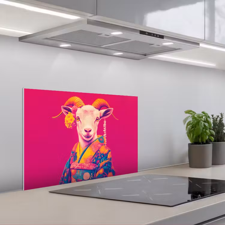 Spatscherm keuken - Geit - Hoorns - Kimono - Kleurrijk — 1