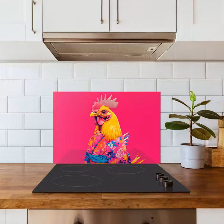 Spatscherm keuken - Haan - Kleurrijk - Kimono - Roze — 3