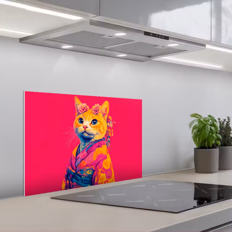 Spatscherm keuken - Kat - Kimono - Bloemen - Roze — 1