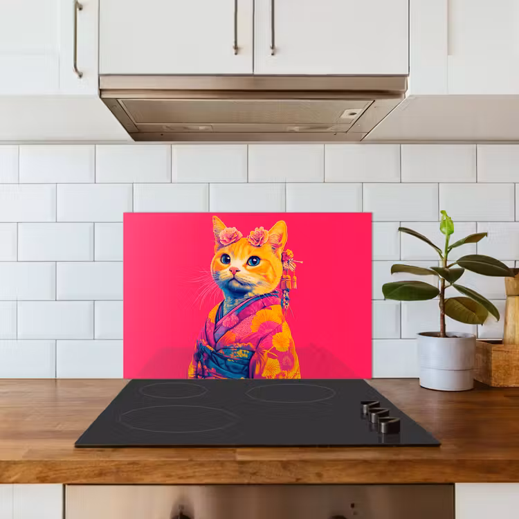 Spatscherm keuken - Kat - Kimono - Bloemen - Roze — 3