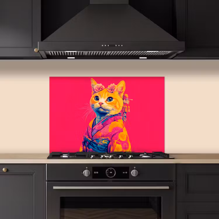 Spatscherm keuken - Kat - Kimono - Bloemen - Roze — 5