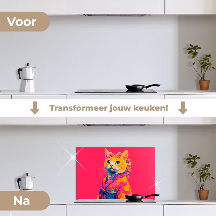 Spatscherm keuken - Kat - Kimono - Bloemen - Roze — 7
