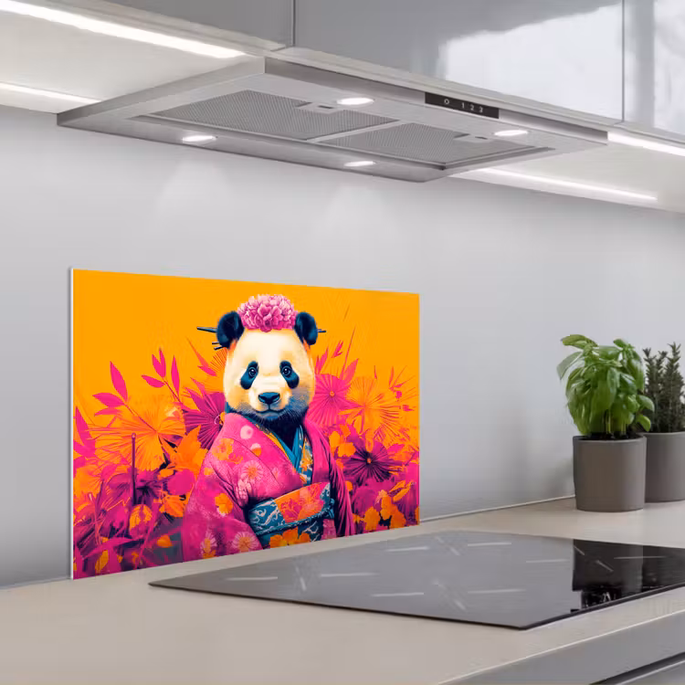 Spatscherm keuken - Kimono - Roze - Panda - Bloemenkroon — 1