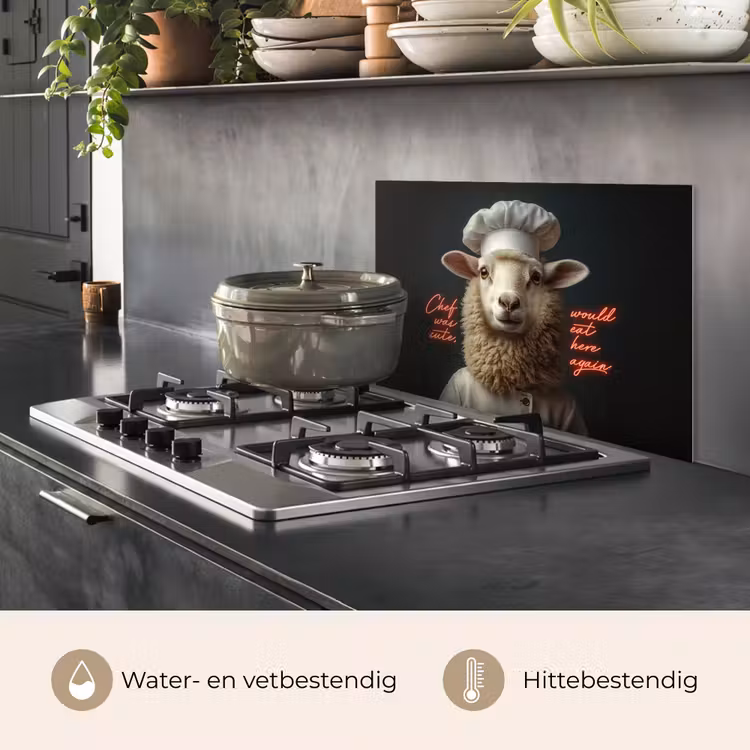 Spatscherm keuken - Schaap - Kokskleding - Neon - Quote — 2