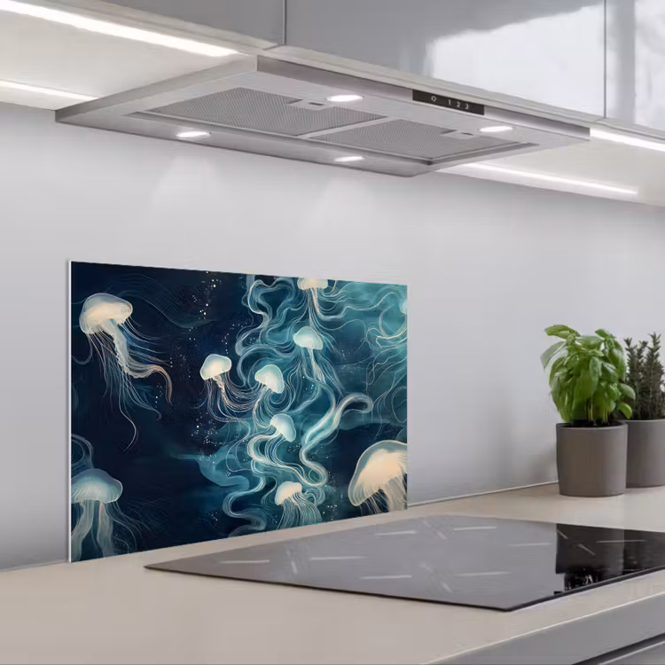 Spatscherm keuken - Kwallen - Zee - Wit - Golven — 1