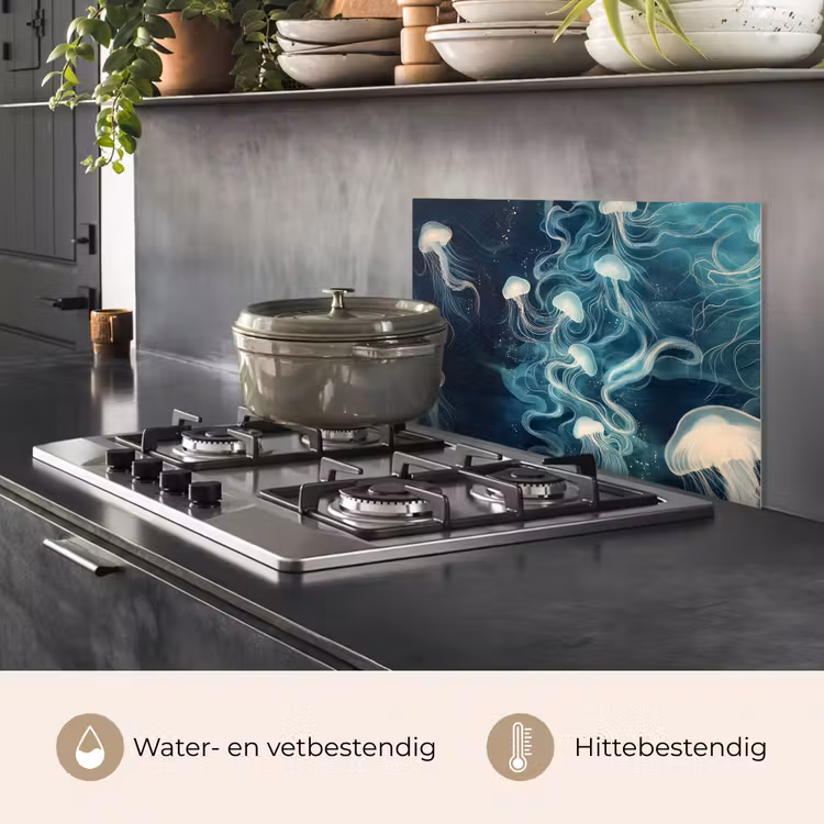 Spatscherm keuken - Kwallen - Zee - Wit - Golven — 2
