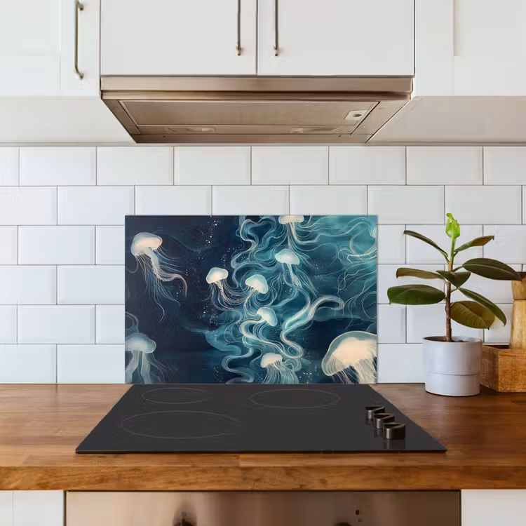 Spatscherm keuken - Kwallen - Zee - Wit - Golven — 3