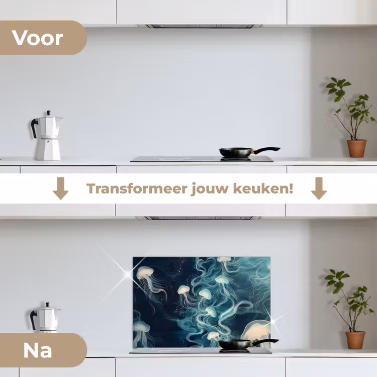 Spatscherm keuken - Kwallen - Zee - Wit - Golven — 7