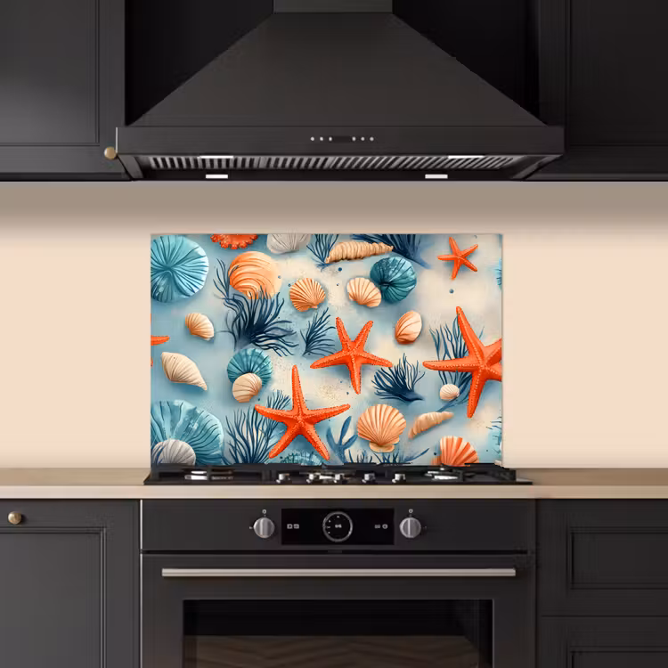 Spatscherm keuken - Zeesterren - Schelpen - Illustratie - Zand — 5