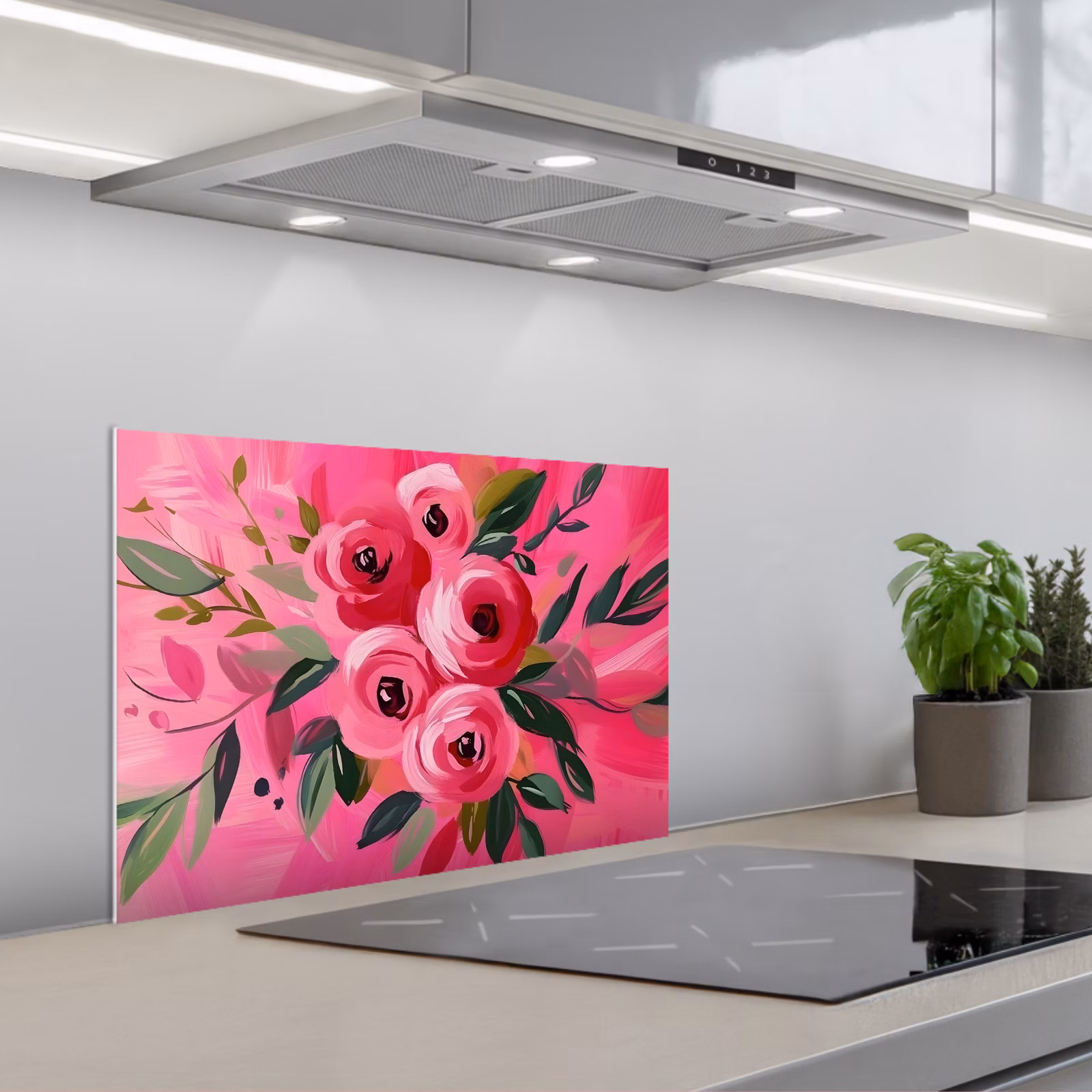 Spatscherm keuken - Bloemen - Verf - Roze — 1