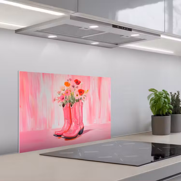 Spatscherm keuken - Roze - Bloemen - Cowboy — 1