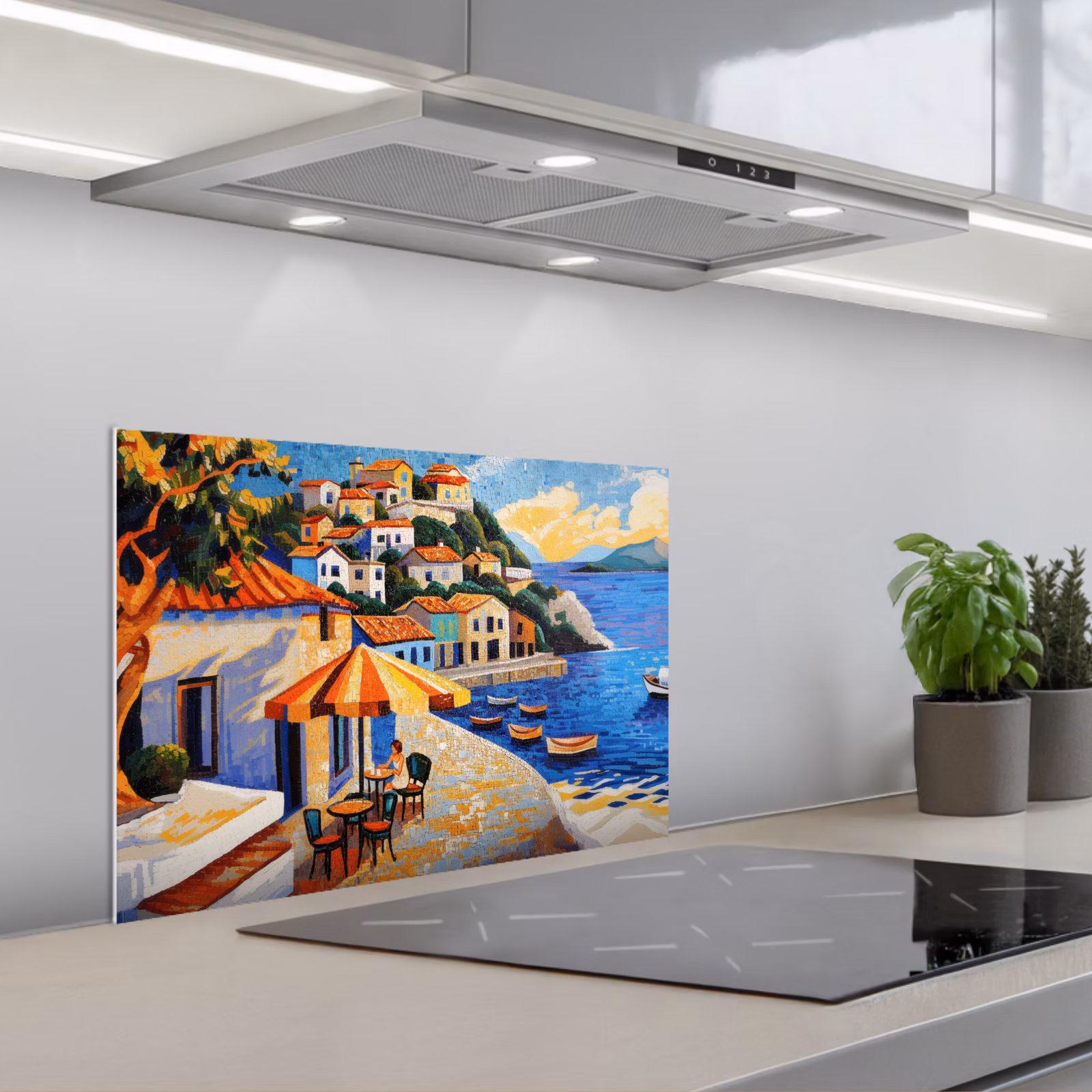 Spatscherm keuken - Kustdorp - Huisjes - Mozaïek - Zee — 1