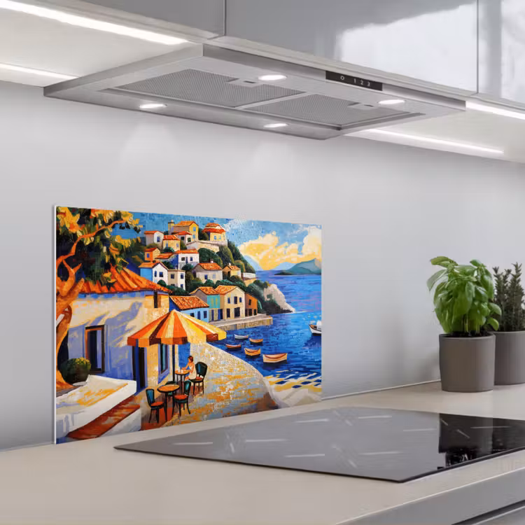 Spatscherm keuken - Kustdorp - Huisjes - Mozaïek - Zee — 1
