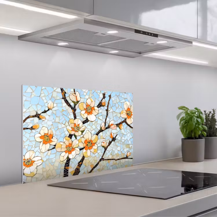 Spatscherm keuken - Bloesems - Wit - Mozaïek - Tak — 1