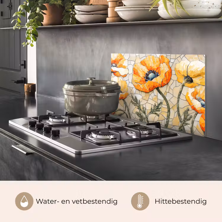 Spatscherm keuken - Klaprozen - Oranje - Mozaïek - Bladeren — 2