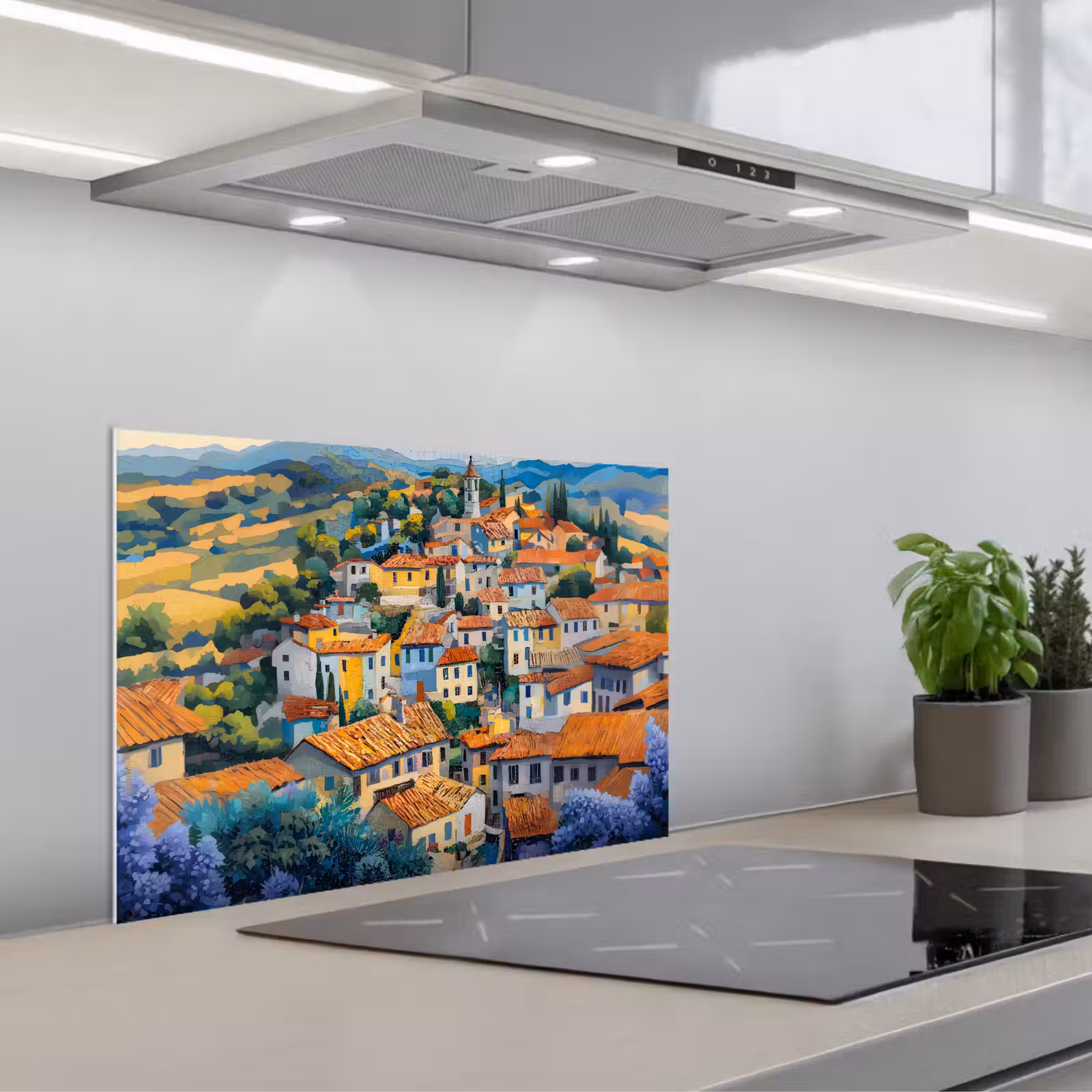 Spatscherm keuken - Dorp - Heuvels - Landschap - Bomen — 1