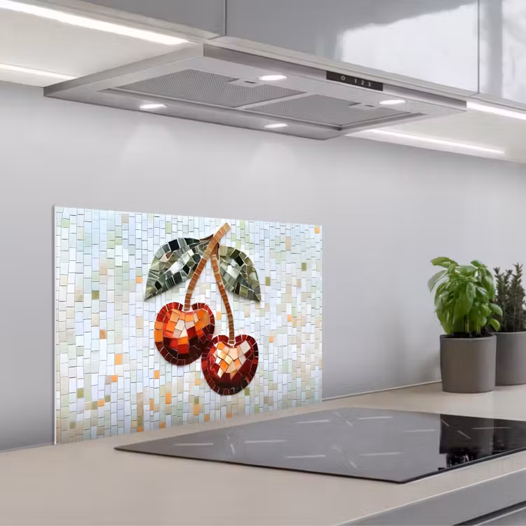Spatscherm keuken - Kersen - Rood - Mozaïek - Blaadjes — 1