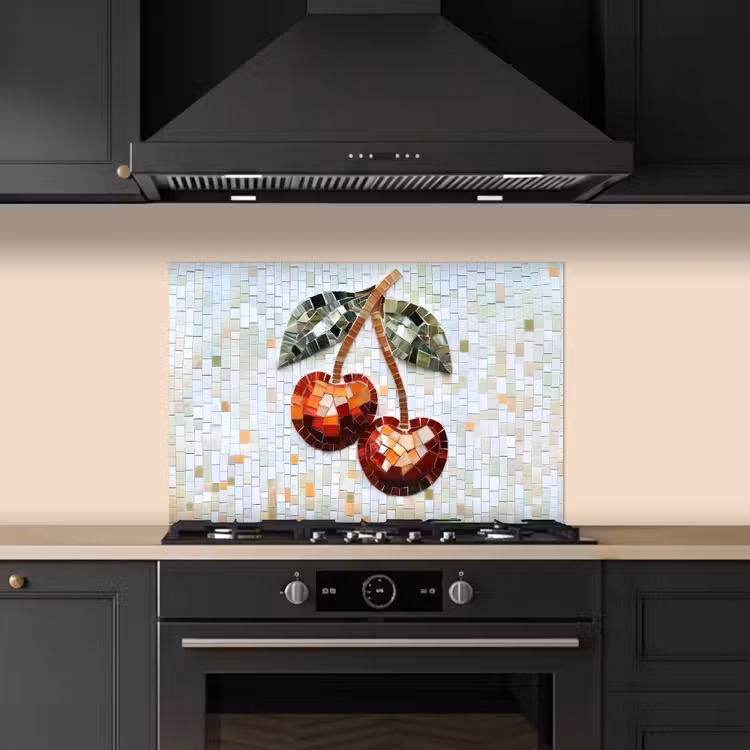 Spatscherm keuken - Kersen - Rood - Mozaïek - Blaadjes — 5