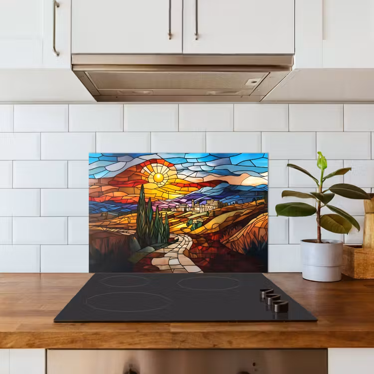 Spatscherm keuken - Mozaïek - Zon - Landschap - Dorp — 3