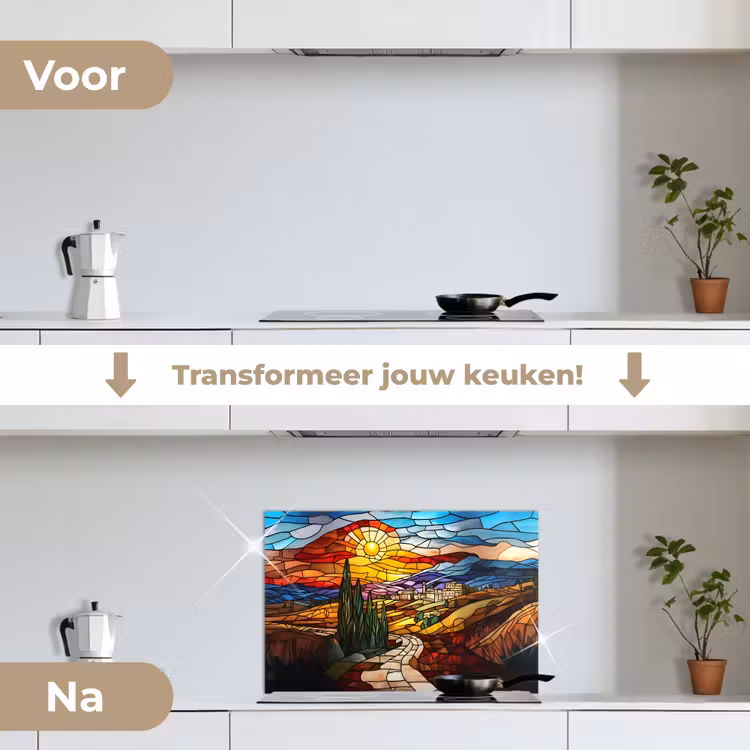 Spatscherm keuken - Mozaïek - Zon - Landschap - Dorp — 7