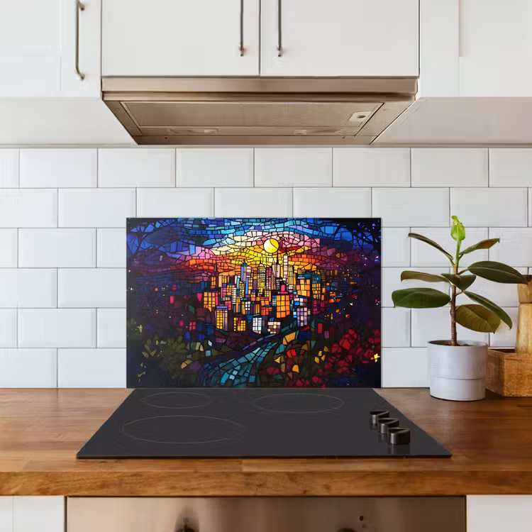 Spatscherm keuken - Stad - Maan - Mozaïek - Kleurrijk — 3