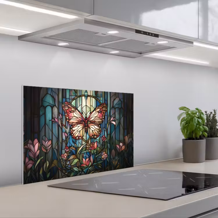 Spatscherm keuken - Vlinder - Roze - Bloemen - Bladeren — 1