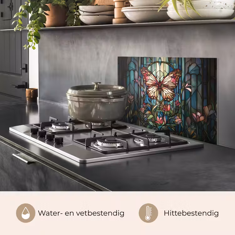 Spatscherm keuken - Vlinder - Roze - Bloemen - Bladeren — 2